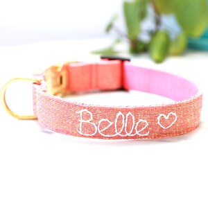 Hand Embroidered Dog Collar - Rose Gold Dog Collar - Personalized Dog Collar  - Pink Linen Collar - Glitter Collar with Name - Strawberry