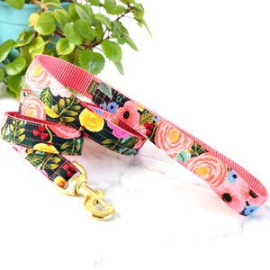 JULIET NAVY Dark Background Floral Rifle Paper Co. Fabric Dog Leash - 4', 5' or 6' - Cute Colorful Flowers Dog Leash