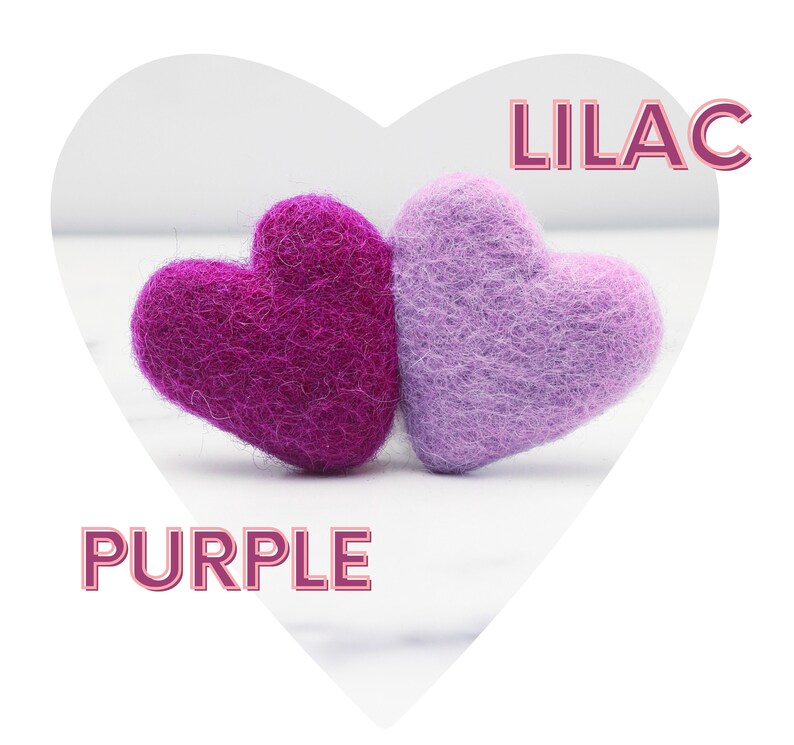 May include: Two felt hearts, one purple and one lilac, with the words "PURPLE" and "LILAC" written below them.