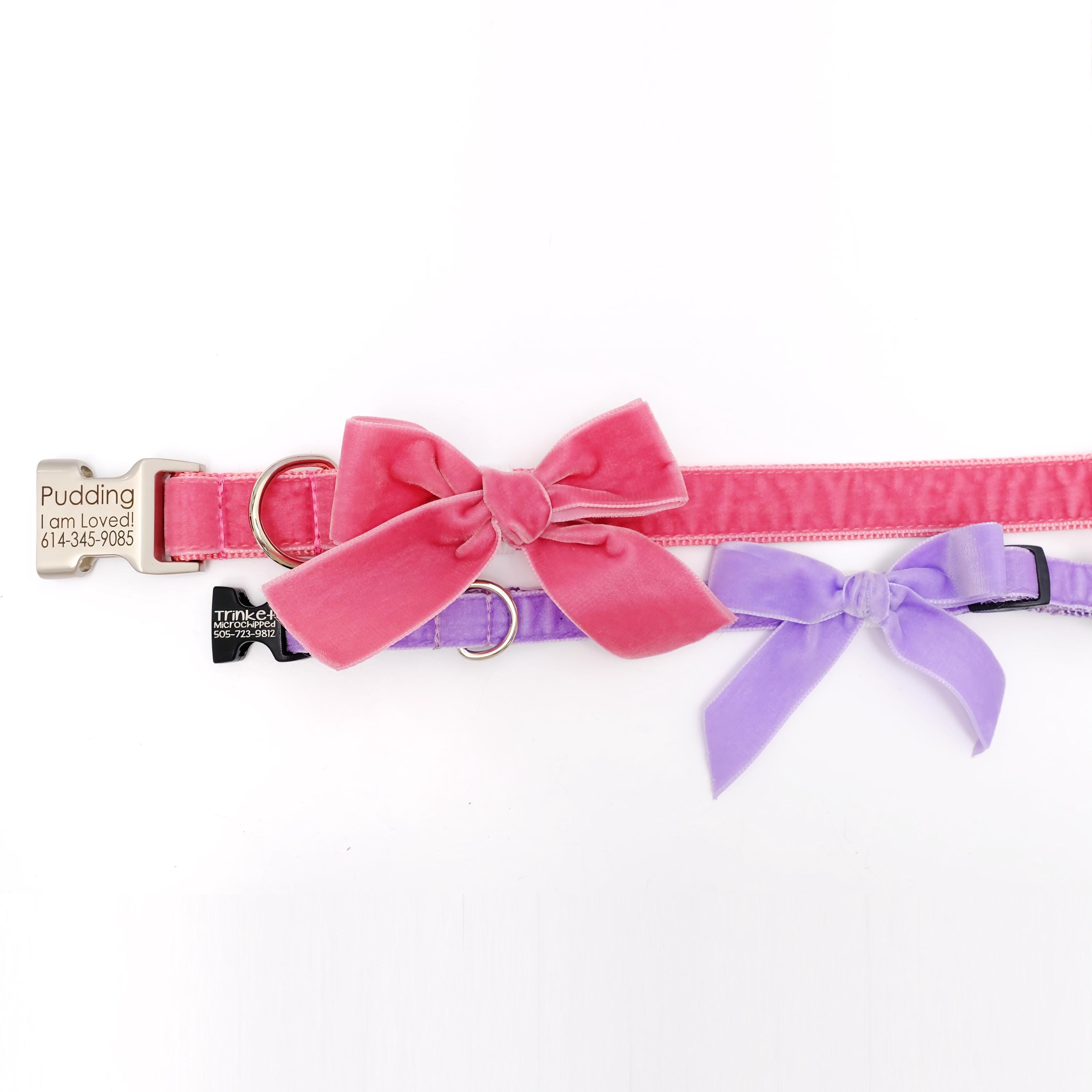 Engraved Buckle Bow Velvet Dog Collar Set Removable Bow, Personalized