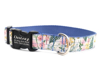 Collar floral para perro PINK DAISY / Collar de algodón para mascotas Rifle Paper Co. / Etiqueta de identificación con hebilla grabada personalizada / Lindo collar bohemio con estampado de flores silvestres para perro.