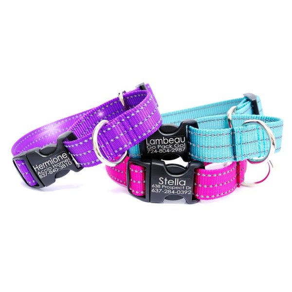 Reflective MARTINGALE Personalized Dog Collar - with Laser Engraved Buckle - 11 Colors to Choose From - Safety Dog ID Tag Monogram Collar