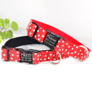 1.5&quot; Inch WIDE MINNIE Laminated Cotton Red Polka Dot Dog Collar | Large Breed Collar | Engraved Buckle Collar | Big Dog | Dirt Resistant