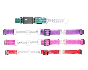 Collar para perro con cadena reflectante y martingala, compatible con Fi, con placa de identificación grabada, 11 colores, correa con rastreador GPS, sin hebilla, serie 3 y 3+