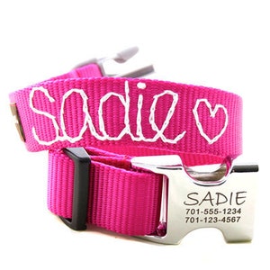 Engraved Personalized Metal Buckle Webbing Dog Collar with Hand Embroidery - 18 colors - Dog Collar with Name and Dog ID