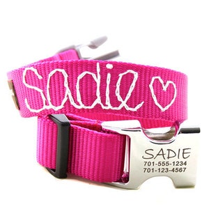 Engraved Personalized Metal Buckle Webbing Dog Collar with Hand Embroidery 18 colors image 1