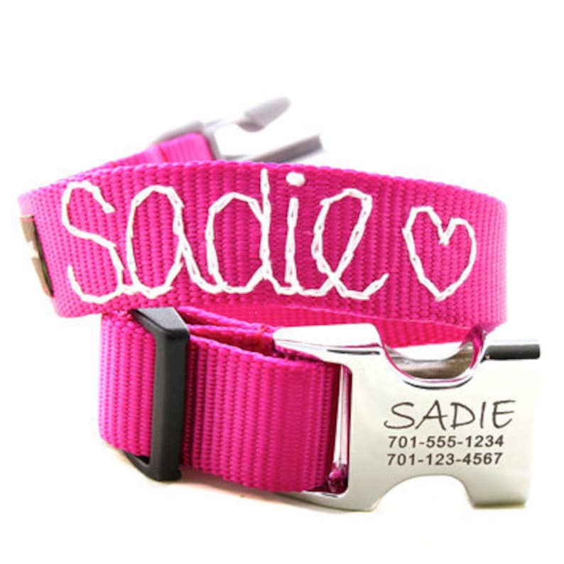 Engraved Personalized Metal Buckle Webbing Dog Collar with Hand Embroidery 18 colors image 1