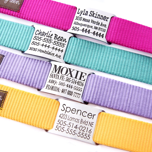Personalized NAMEPLATE Dog Collar | Metal Engraved in 27 Nylon Colors | Solid Color Monogram Name Tag ID | Custom Pet Collar