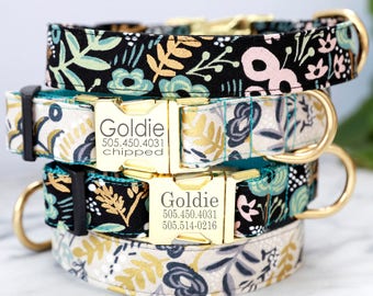 Engraved Gold Zinc Buckle Dog Collar w Rifle Paper Co. Canvas Fabric 'GOLDIE' - Personalized with 4 Colors Combos to Choose From