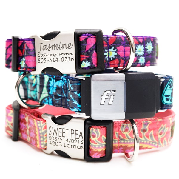 Fi Compatible Dog Collar | 14+ Styles Laminated Cotton | Water Resistant GPS Tracker Band | Personalized Engraved ID | Series 3 / 3+
