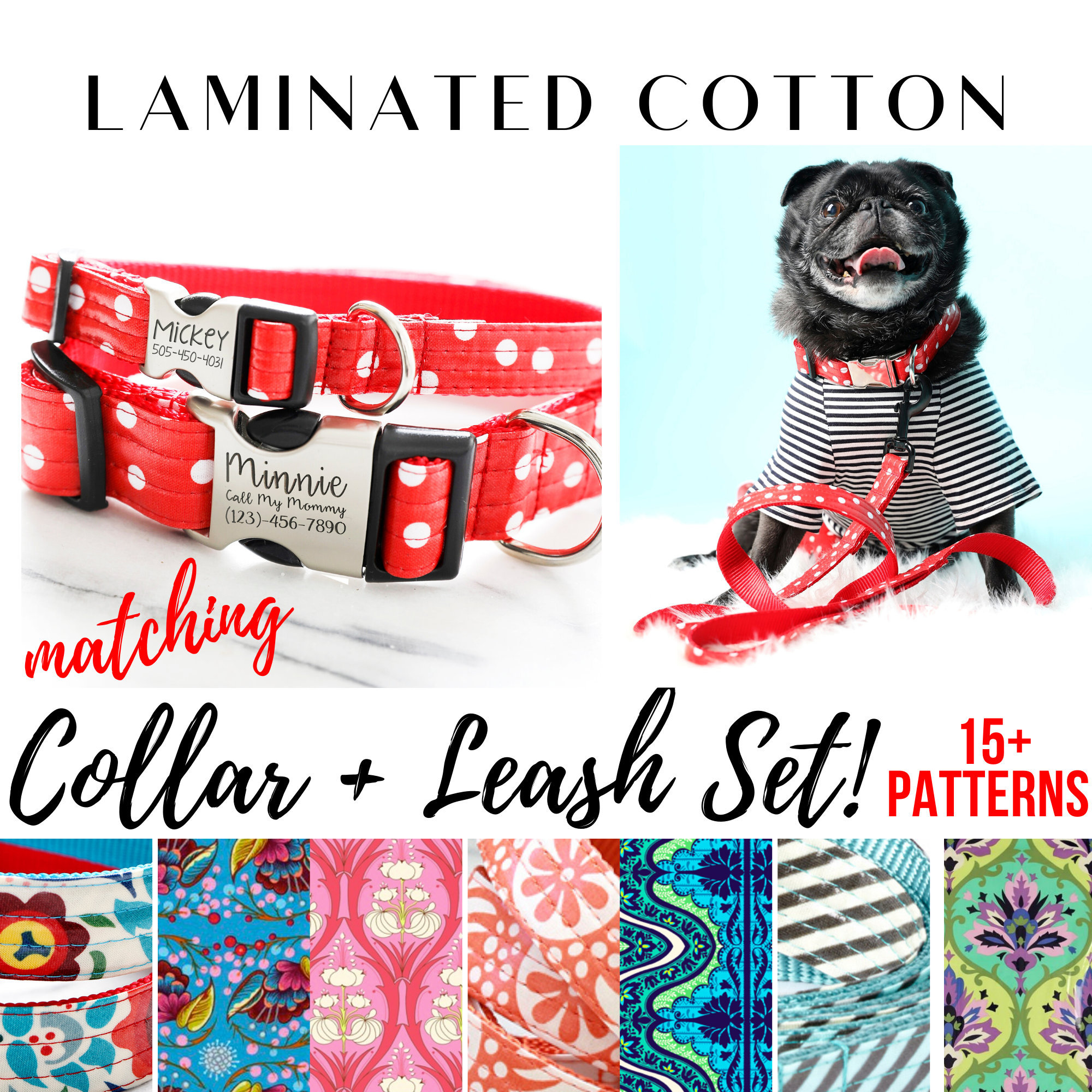 15+ Styles Laminated Cotton Dog Collar & Leash Matching Set | Water-Resistant Protective Coating Personalized Engraved Metal Buckle