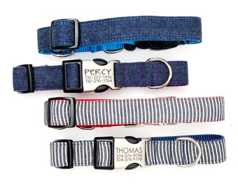 Railroad Denim Dog Collar | Personalized Engraved Buckle ID Tag Dog | Adventure Dog Collar | Blue Jeans and Striped Denim | 2 Styles