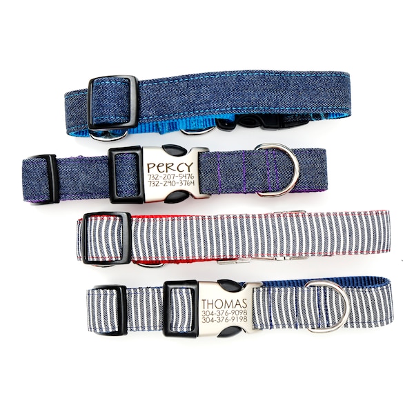 Railroad Denim Dog Collar | Personalized Engraved Buckle ID Tag Dog | Adventure Dog Collar | Blue Jeans and Striped Denim | 2 Styles