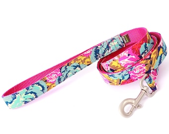 ELLA Floral Classic Cotton Dog Leash - 4', 5' or 6' -- Four Nylon Colors Available - Pink/Yellow/Teal/Blue Cute Dog Leash