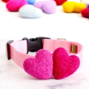 Heart Dog Collar Accessory Valentines Day Dog Gift Wool Felted Heart Attachment Removable Cute Pet Collar Accessory Two Hearts Pink/Magenta