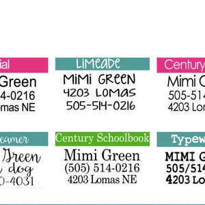 May include: A comparison of different fonts for a business card. The text on the card reads "Mimi Green, 505-514-0216, 4203 Lomas NE". The fonts shown are Arial, Limeade, Century Gothic, Daydreamer, Century Schoolbook, and Typewriter.