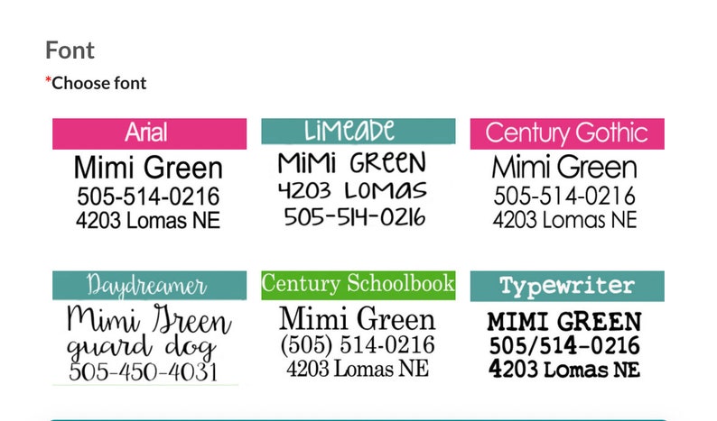 May include: A comparison of different fonts for a business card. The text on the card reads "Mimi Green, 505-514-0216, 4203 Lomas NE". The fonts shown are Arial, Limeade, Century Gothic, Daydreamer, Century Schoolbook, and Typewriter.