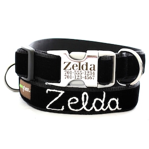 Embroidered Velvet - Metal Hybrid Buckle Laser Engraved Personalized Dog Collar - 25 Colors - W/ Hand Embroidered Name - Monogram Dog Collar