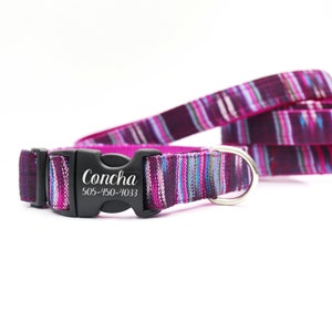 CONCHA Guatemalan Woven Fabric Dog Collar - Colorful Dog Collar - Engraved Buckle ID Dog Collar - Native Boho Pattern Collar - Purple