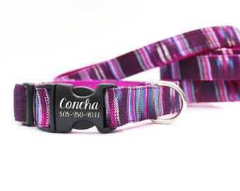 CONCHA Guatemalan Woven Fabric Dog Collar - Colorful Dog Collar - Engraved Buckle ID Dog Collar - Native Boho Pattern Collar - Purple