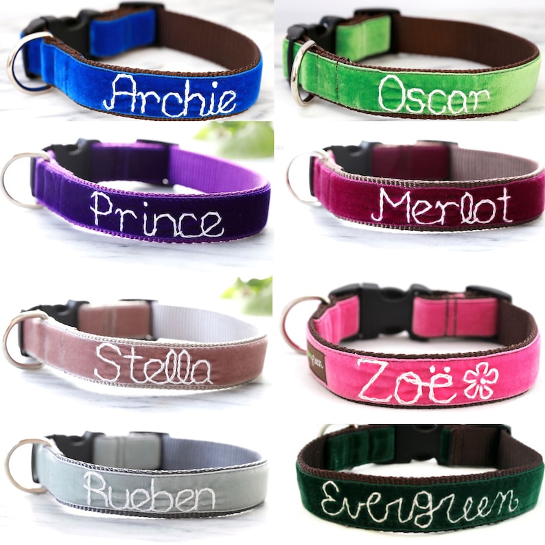 Collar de perro de terciopelo personalizado 20 colores disponibles Collar de perro personalizado Collar bordado a mano con el nombre de su perro Collar de perro monograma imagen 8