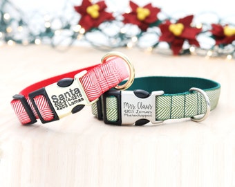 Holiday HERRINGBONE Engraved Buckle Dog Collar | Personalized with Engraving | Choice of Custom Buckle + Ribbon Color | Christmas Dog Collar