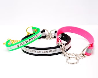 Collar Martingale para perros con cadena reflectante grabada: Biothane impermeable, antiolor, fabricado en EE. UU.