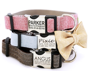 Personalized Engraved Metal Buckle Linen Dog Collar with Optional Bow Tie