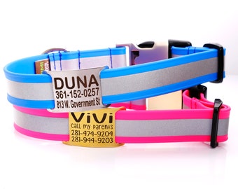 Lightweight Reflective Biothane Dog Collar: Personalized Engraved Nameplate, Waterproof