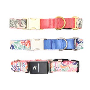 May include: Three dog collars with floral patterns. The top collar is pink with a gold buckle. The middle collar is blue with a silver buckle. The bottom collar is pink with a black "fi" tracker.