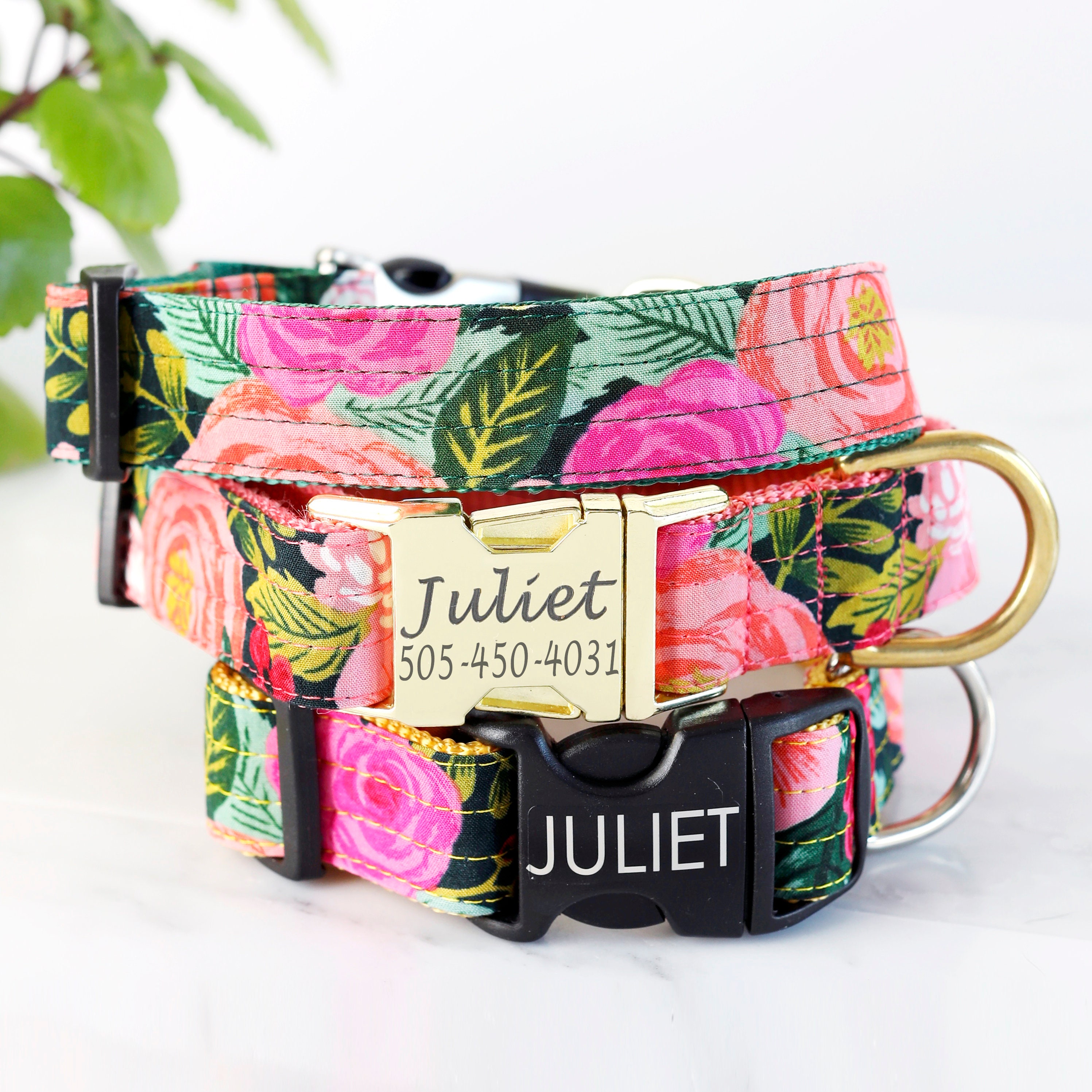 JULIET NAVY Dark Background Floral | Engraved Buckle Dog Collar w Rifle Paper Co. Voile Fabric | Cute Personalized ID Tag Engraved Buckle