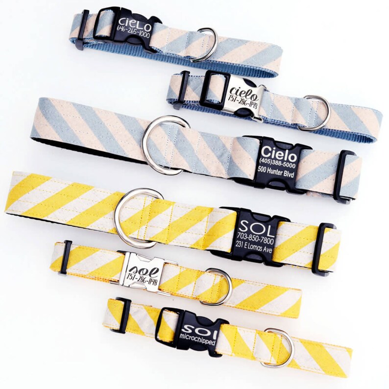 SOL or CIELO Striped Yellow or Blue Cabana Dog Collar Rifle Paper Co Fabric Collar Stripe Beach Pattern Canvas Engraved Dog ID Buckle image 3