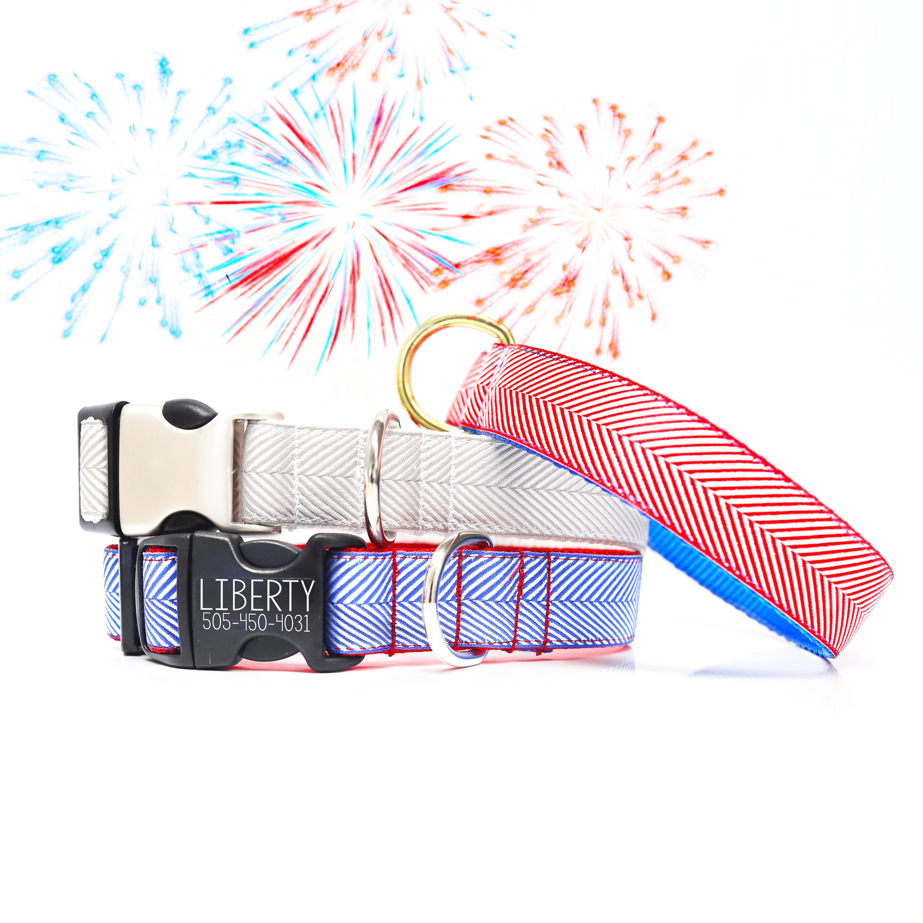 Fourth Of July Herringbone Engraved Buckle Dog Collar | Patriotic Choice Custom + Ribbon Color Red White Blue