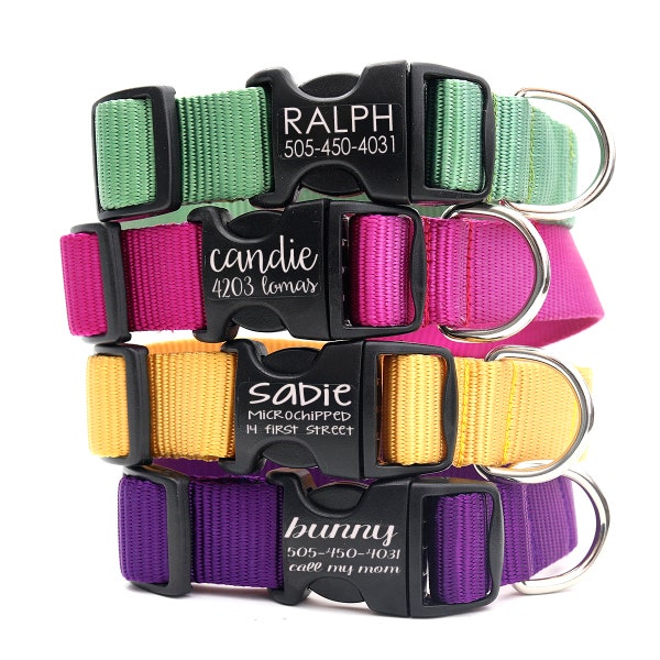 PLASTIC BUCKLE Laser Etched Personalized Dog Collar | 27 Nylon Colors | Strong Durable Dog Collar | Engraved ID Tag Safety Monogram Collar