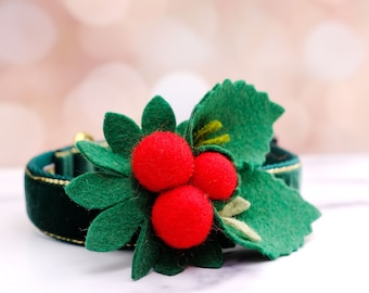 Holly Holiday Dog Collar Accessory - Felt - Holiday Dog Collar Accessory - Removable - Christmas dog accessory