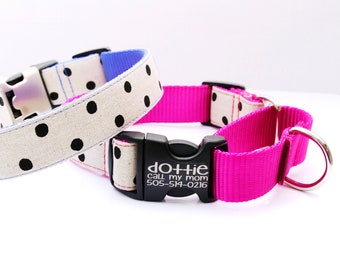 DOTTIE Polka Dot Martingale Dog Collar: Natural Canvas, Engraved Buckle