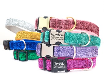 Sparkly Mermaid Glitter Dog Collar with Personalized Buckle | 8 Glitter Ribbon Colors! | Sparkle Dog ID | Gold Silver Pink & More