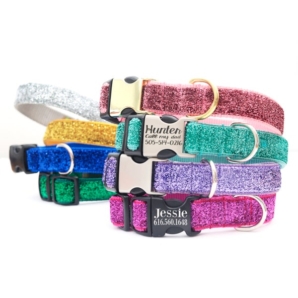 Sparkly Mermaid Glitter Dog Collar with Personalized Buckle | 8 Glitter Ribbon Colors! | Sparkle Dog ID | Gold Silver Pink & More