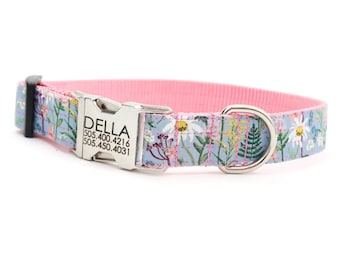 BLUE DAISY Floral Dog Collar | Rifle Paper Co Cotton Pet Collar | Personalized Engraved Buckle ID Tag | Cute Boho Print Wildflower Girly Dog
