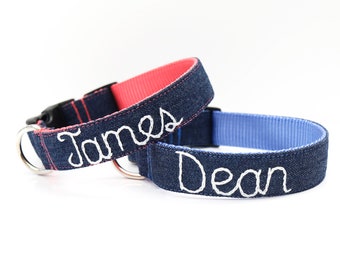 Personalized Blue Denim Dog Collar: Hand Embroidered Custom Name
