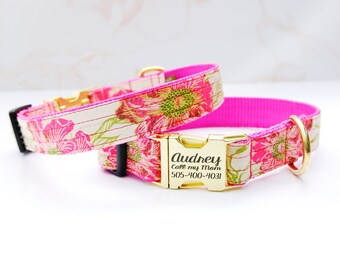 AUDREY Floral Dog Collar: Pink Cotton Voile, Engraved Buckle ID
