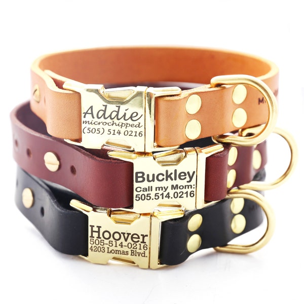 Coleira de couro estilo inglês gravada, clássica e personalizada, com fivela de zinco dourado. Disponível em 10 cores de couro.