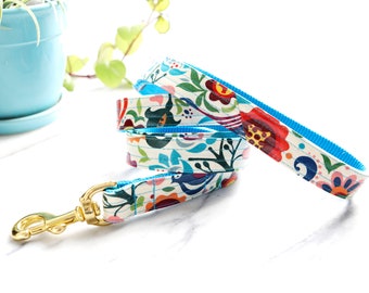 FRIDA Folksy Laminated Cotton Dog Leash - 4', 5' or 6' -- Colorful Durable Dog Leash - Cute Woodland Pattern Dog Lead