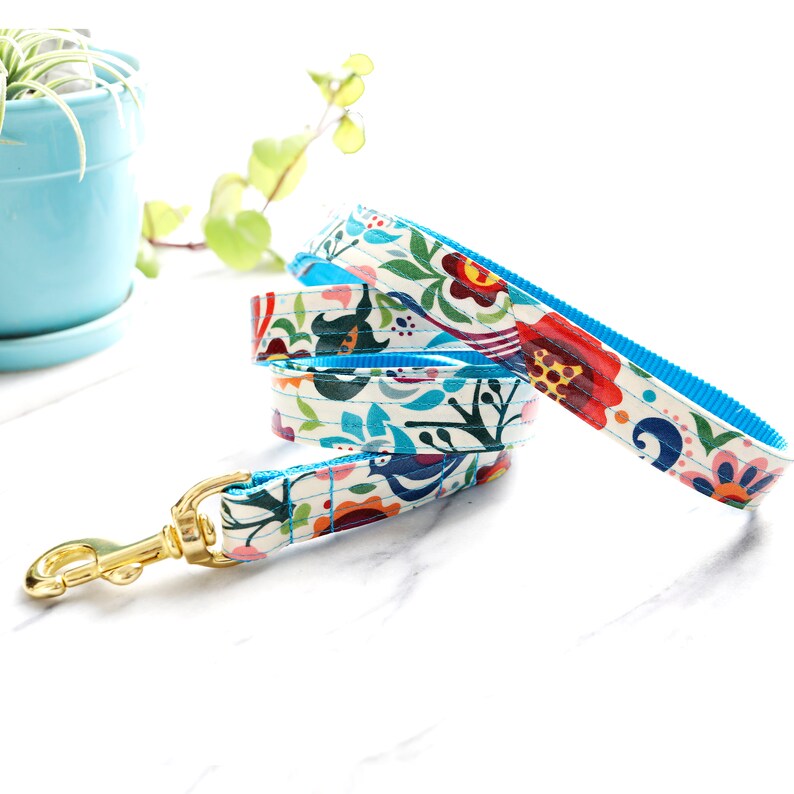 FRIDA Folksy Laminated Cotton Dog Leash 4', 5' or 6' Colorful Durable Dog Leash Cute Woodland Pattern Dog Lead image 1