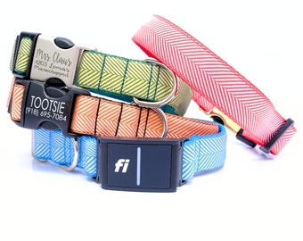 Fi Compatible Herringbone Ribbon Dog Collar | 12 Colors | Colorful | GPS Tracker Band | Personalized Engraving ID | Series 2 or Series 3