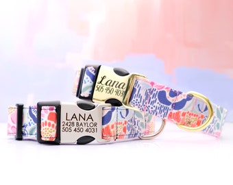 Lana Pastel Floral Dog Collar: Whimsical Canvas, Personalized Engraved Buckle