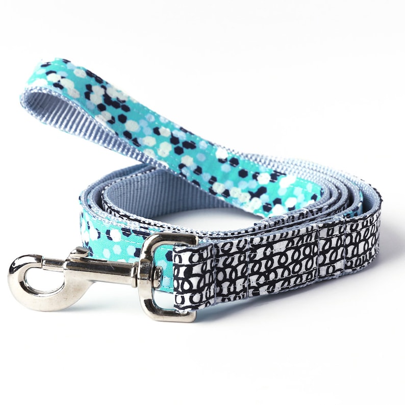 May include: A blue and white patterned dog leash with a silver clip.