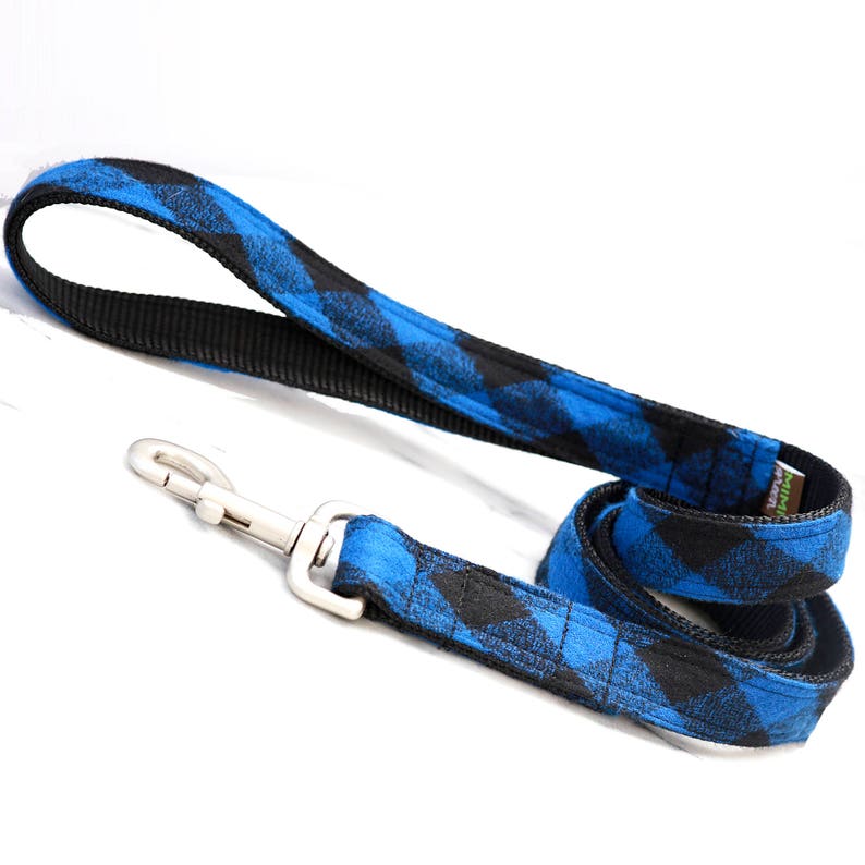 May include: A blue and black plaid dog leash with a silver clip.