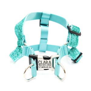 Dog Harness GLITTER Personalized Laser Engraved Buckle | STEP IN Harness | 8 Colors | Sparkly Pet Harness | Strong Dog Halter