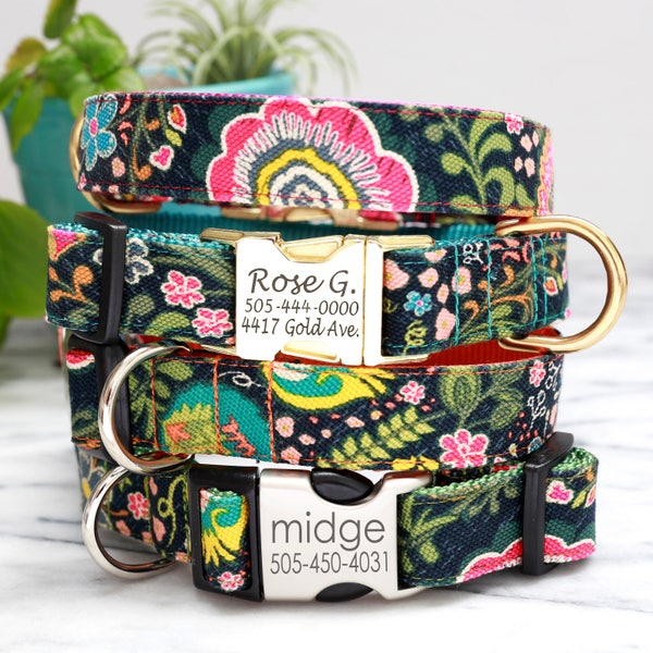MIDGE Vintage 70's Floral | Colorful Engraved Canvas Dog Collar | Personalized ID Pet Collar | Retro Style Dog Collar | Cute Collar